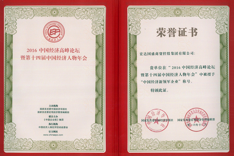 宏达国盛集团荣获“2016中国经济新领军企业”殊荣称号
